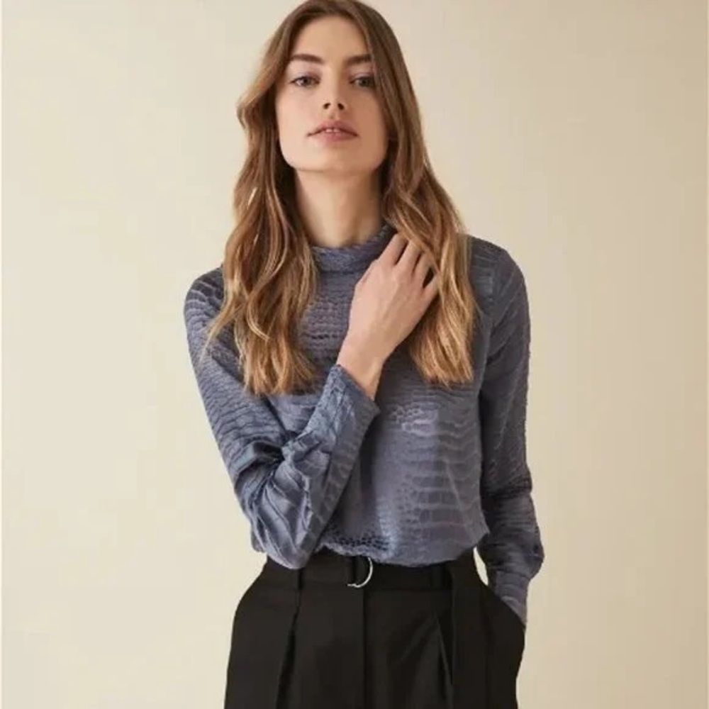 REISS Della Burnout Snake Blue Pattern Workwear Cocktail Silk Blend Blouse Top 0